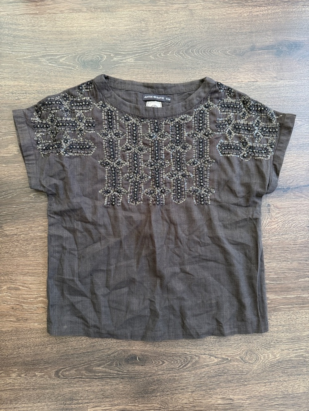 Antik Batik Short-Sleeve Top (Dark Brown Plaid with Beads)